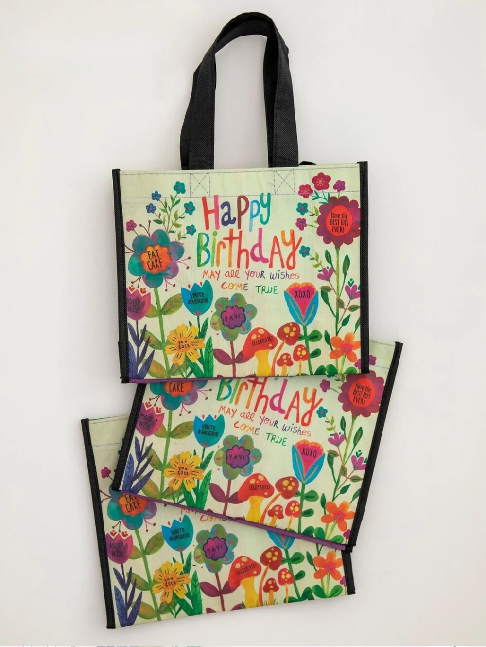 Medium Happy Bags Set of 3 - "Happy Birthday" made from recycled water bottles.